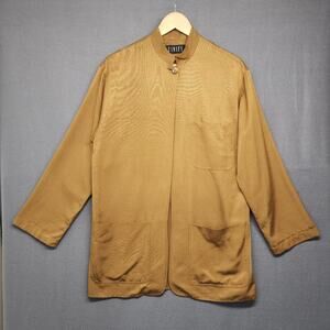Vintage Finity Women Top Small Brown 100% Silk Blouse Cardigan Lagenlook Pockets